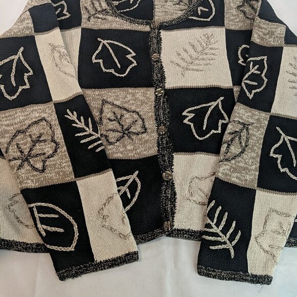 Fiberworks Hand Embroidered Brown Leaves Knit Cardigan Sweater Button M Black - Picture 6 of 15